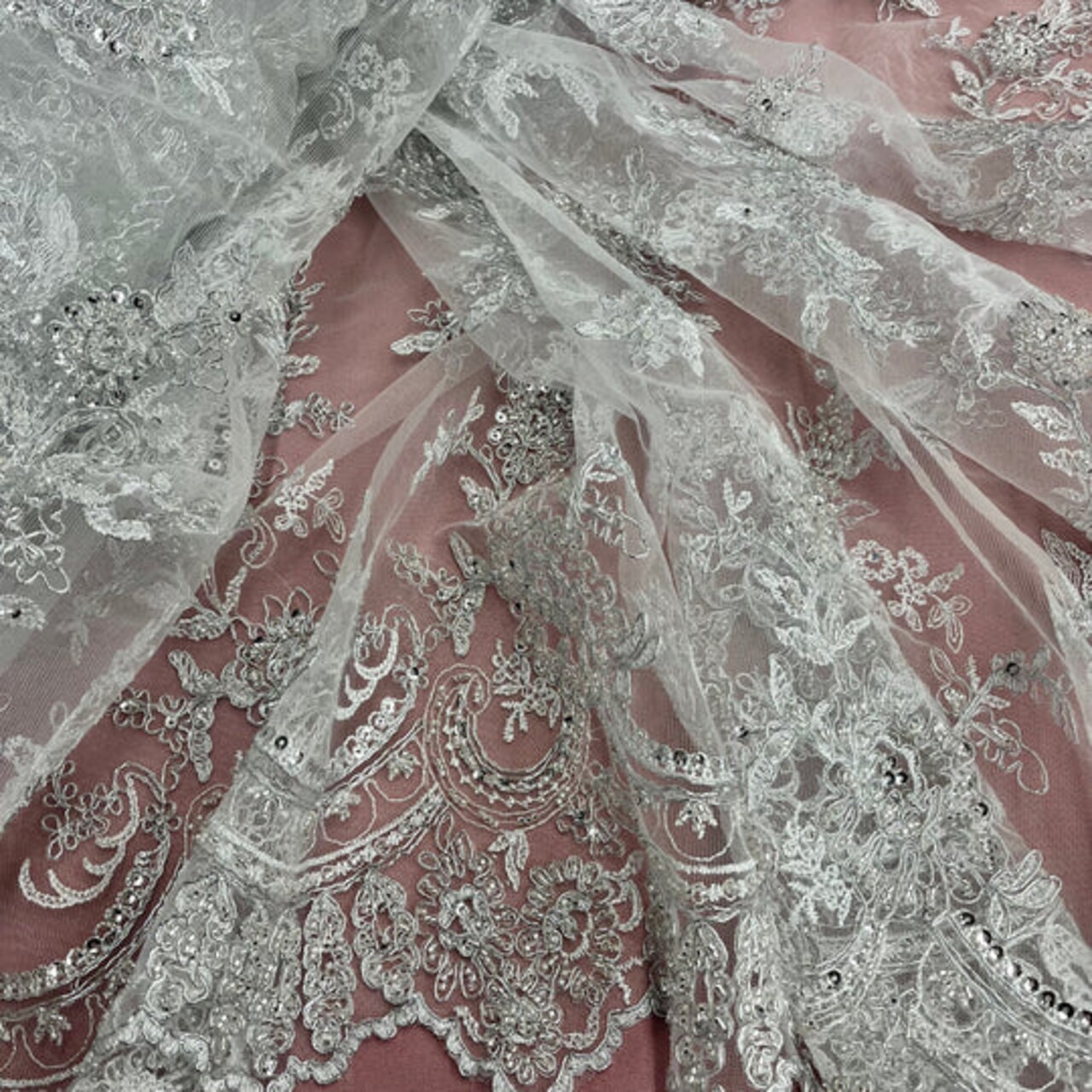 1 Yard Beaded and Corded Bridal Fabric Lace Embroidered on Polyester Net Mesh 51 inch Width